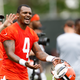 Cleveland Browns quarterback Deshaun Watson reacts to a play during an NFL football practice at the team’s training facility Wednesday, May 25, 2022, in Berea, Ohio.